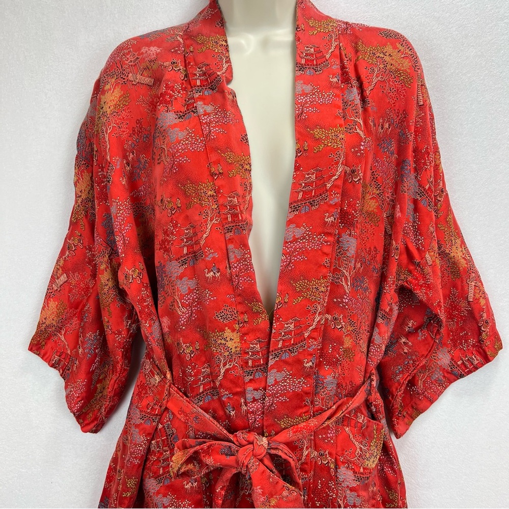 Chinese Silk Traditional Robe Red Size Large Tie Waist Long Kimono - Picture 3 of 11